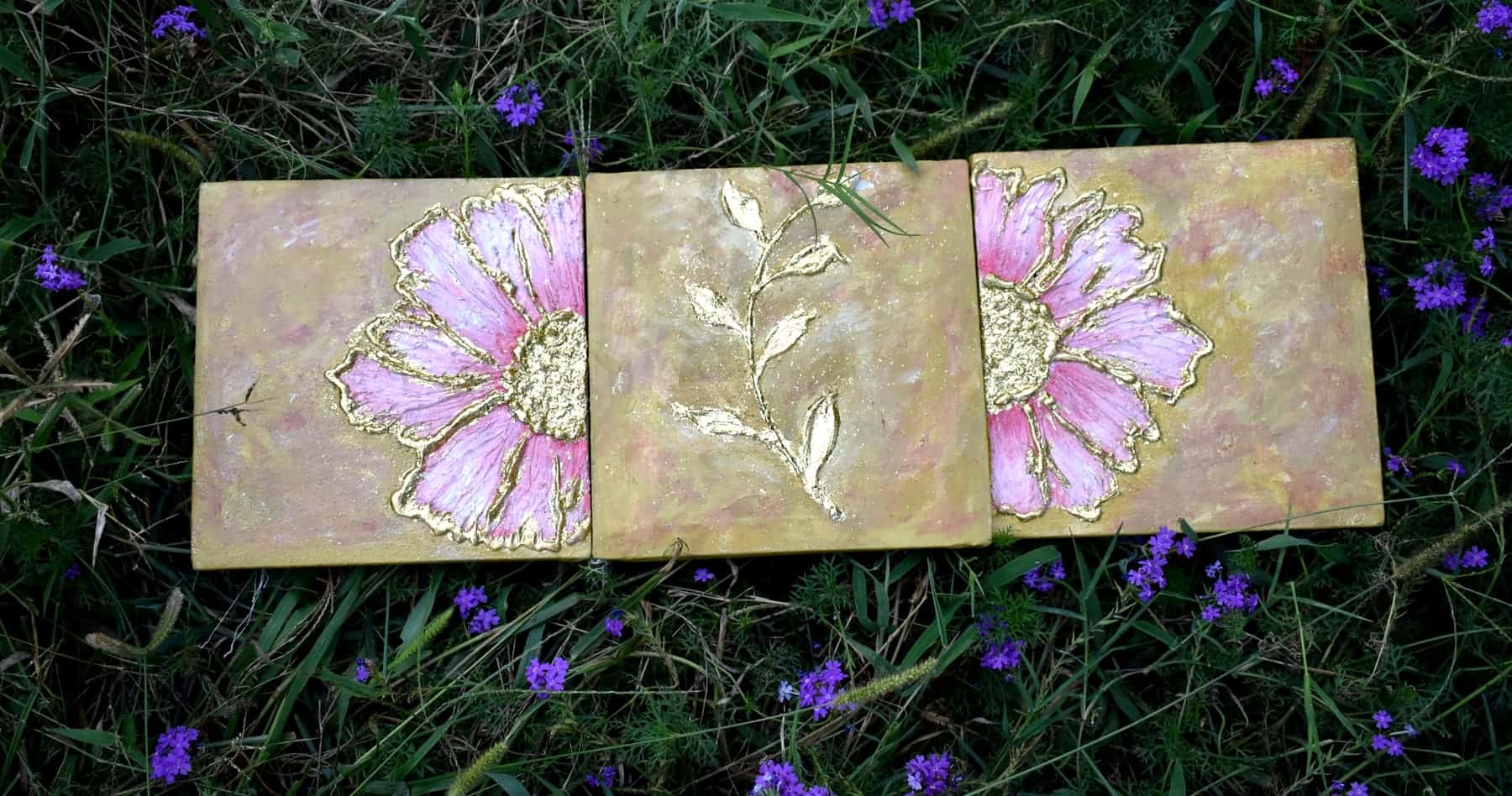 Pink and gold floral triptych with two blush blooms and botanical details across three handmade canvas panels