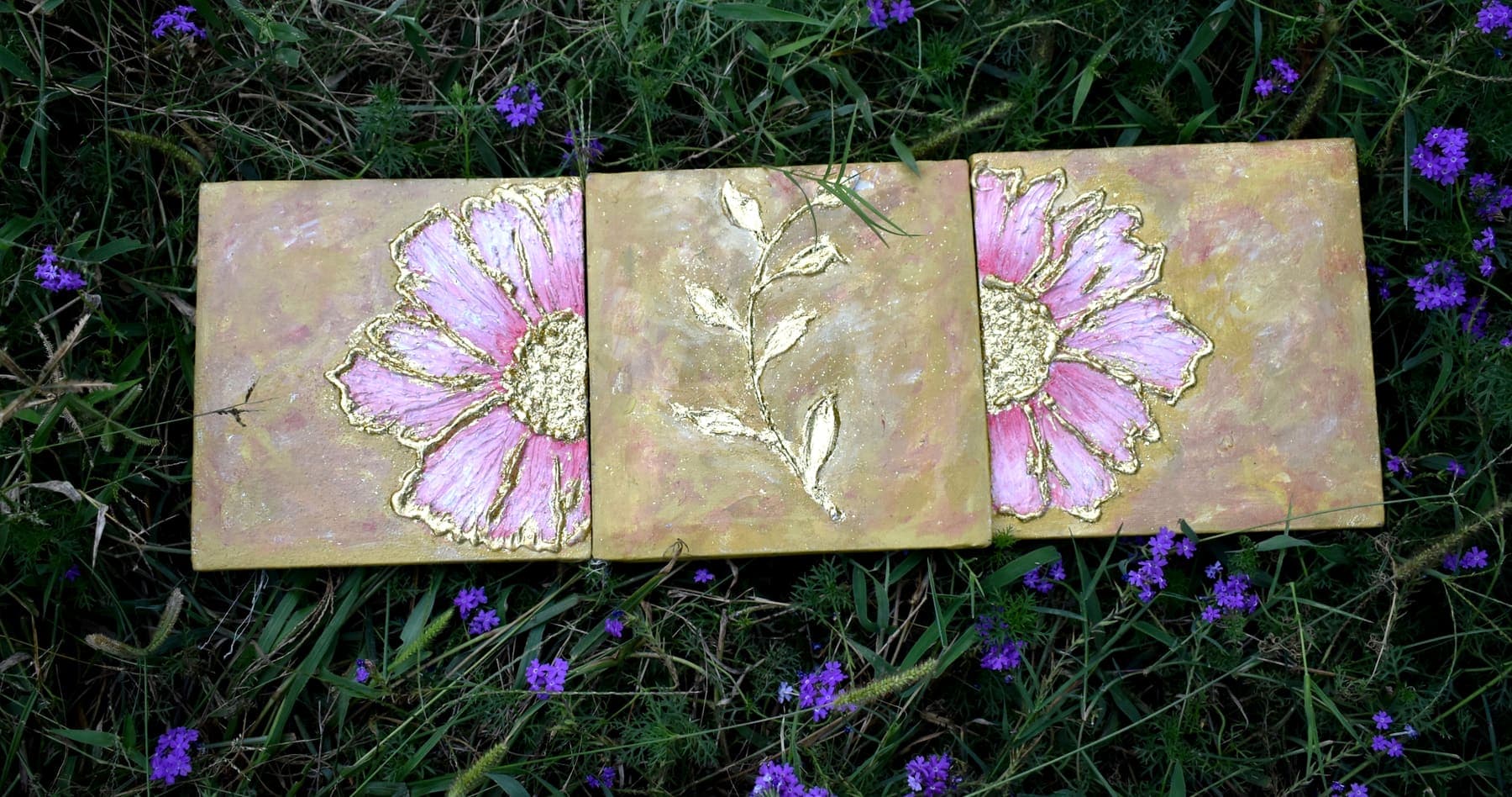 Pink and gold floral triptych with two blush blooms and botanical details across three handmade canvas panels — alternate view 2