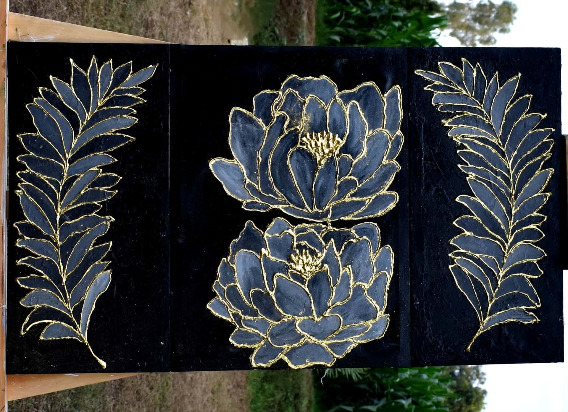 Black and gold peony floral canvas painting with blue-grey flowers and symmetrical botanical leaves