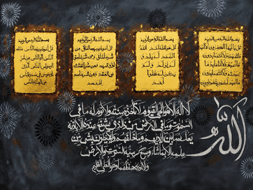 Ayatul Kursi and Four Quls black and gold Islamic calligraphy painting with Allah lettering